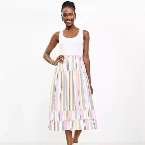 LOFT Dresses & Skirts - NWT Loft Stripe Pleated Tiered Mixed Media Midi Tank Dress Women's 6